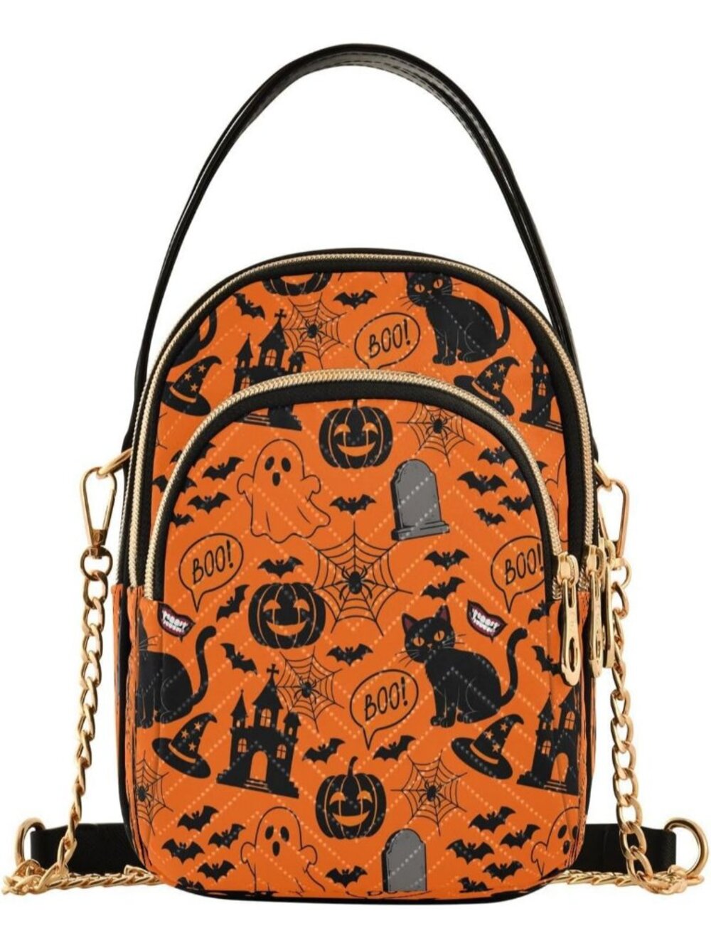 Women's Halloween Orange Bat Pumpkin Leaf Small Purse Shoulder Crossbody Bag